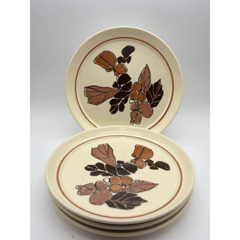 Set Of 4 VTG Homer Laughlin Dinner Plates Brown Leaves Floral Stoneware 10.25"